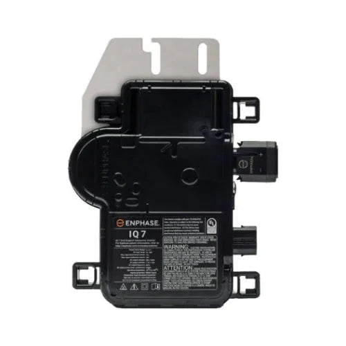 Front view of Enphase IQ8PLUS microinverter with label and branding visible