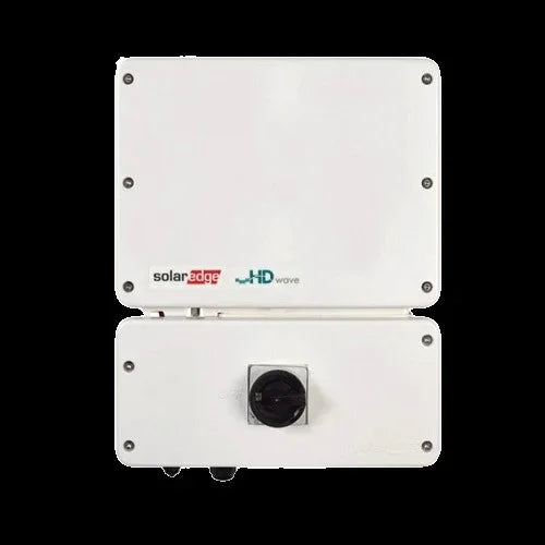 SolarEdge SE6000H HD-Wave inverter front view, white enclosure, black dial, on black background