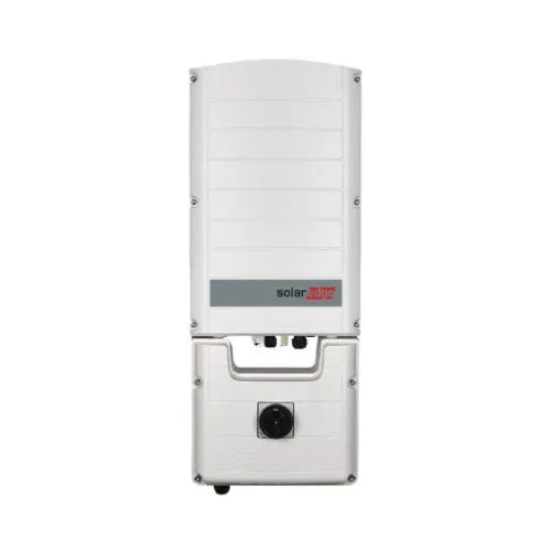SolarEdge SE14.4K-USR28BN inverter front view, white panel with logo, isolated on white