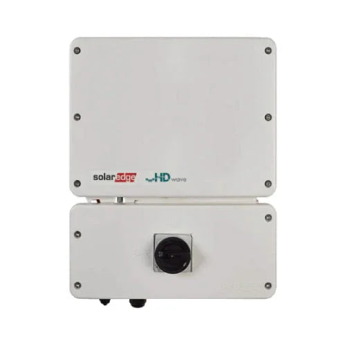 SolarEdge SE10000H HD-Wave inverter front view, white box with control knob, isolated