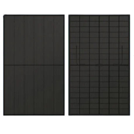 Two black solar panels with different textures on a white background