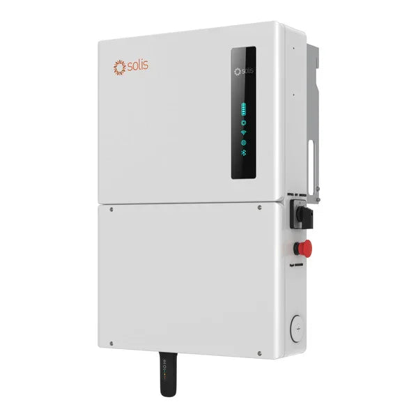 Solis EH1P7.6K hybrid inverter with display panel and control buttons, white casing