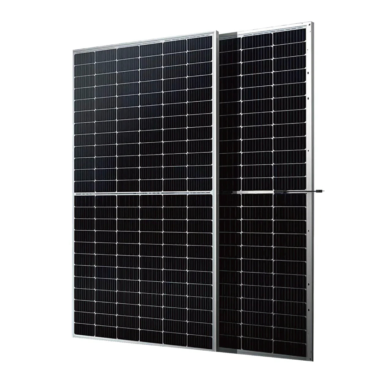 Two solar panels side by side on a white background