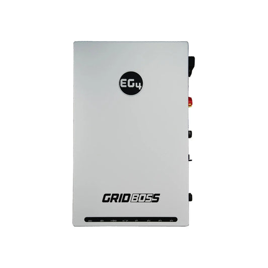 EG4 GridBOSS front panel with smart load ports, hybrid inverter terminals, and 200A service entrance