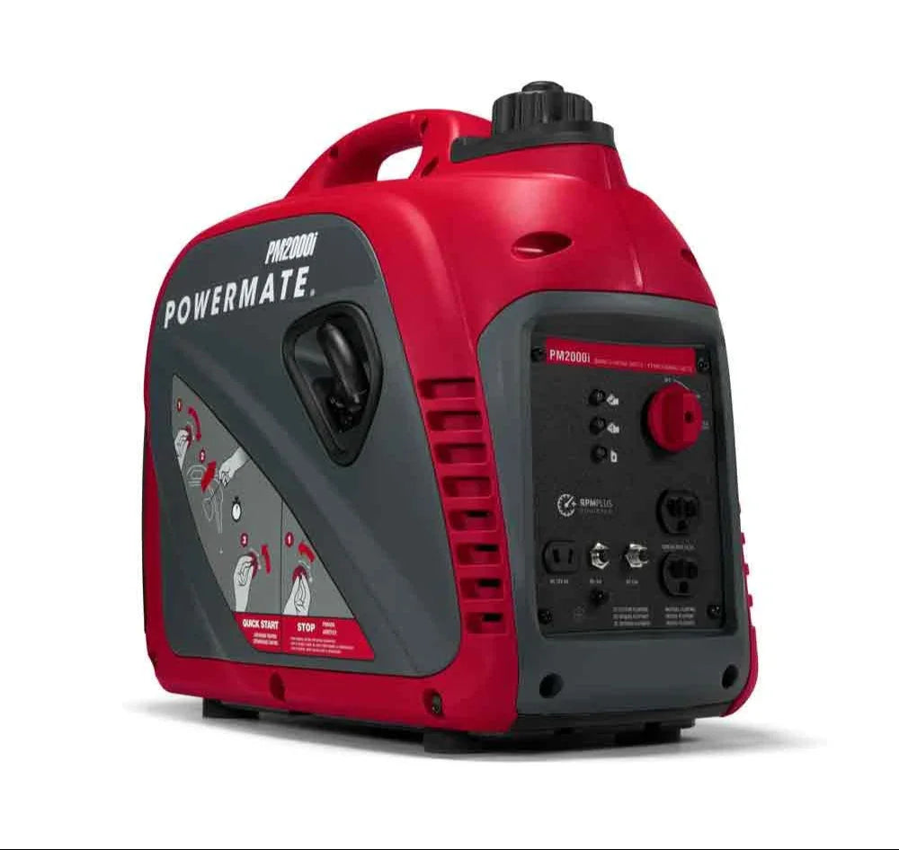 A red and black Generac Powermate inverter generator.