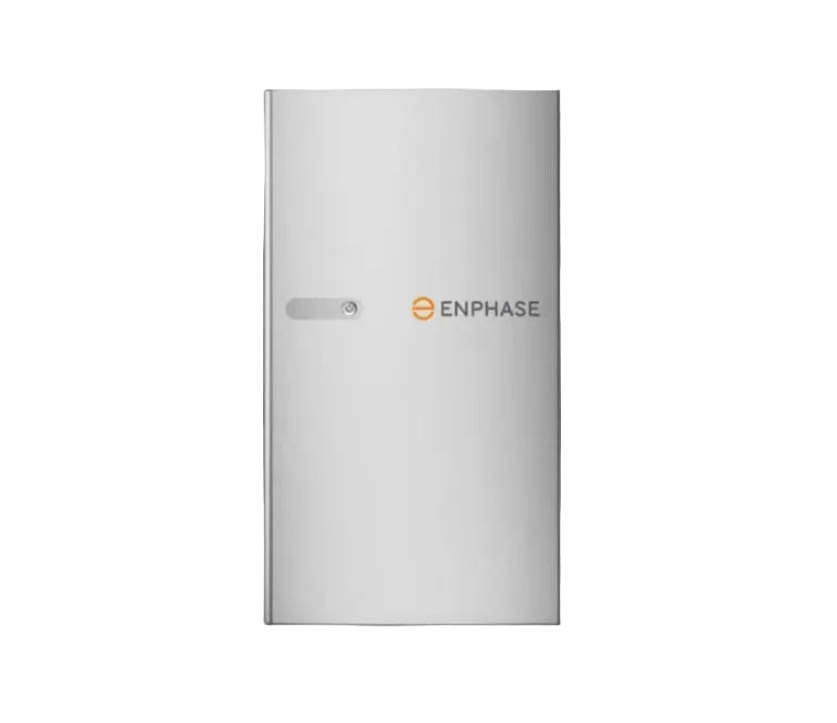An Enphase smart home energy storage system in a sleek silver metallic finish, shown against a plain white background.