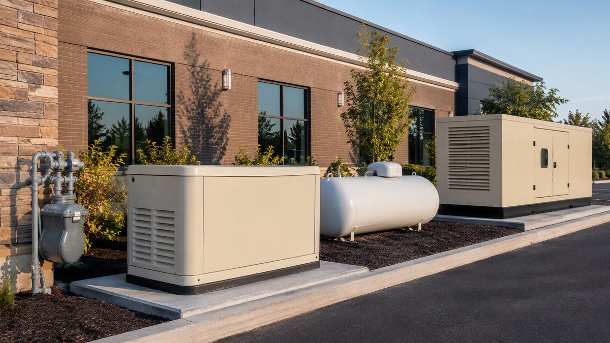 Three standby generator setups showing a natural gas meter connection