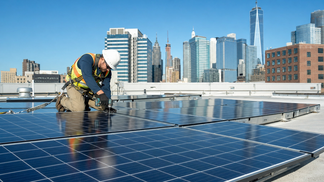 Collage of 2026 solar trends: TOPCon panels, battery storage, and AI-monitored rooftop arrays