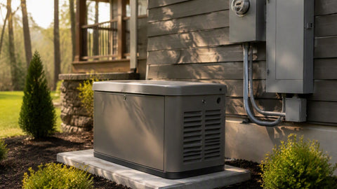 Residential standby generator installed beside a modern suburban home's electrical service panel at golden hour