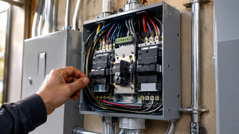 Close-up of an automatic transfer switch panel with conduit in a residential utility room