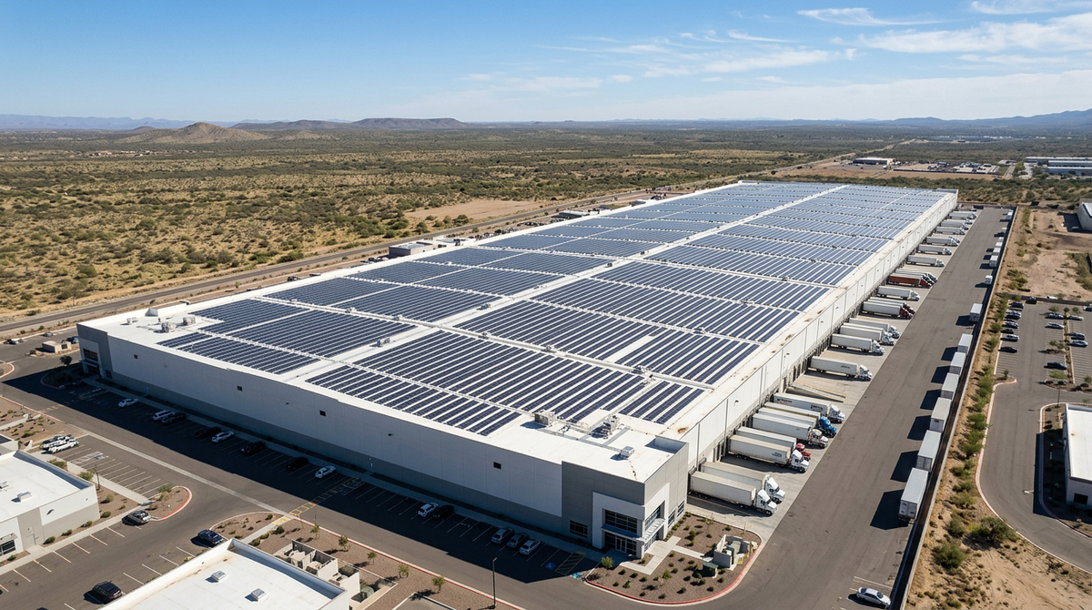 Commercial building rooftop covered with a large solar panel array