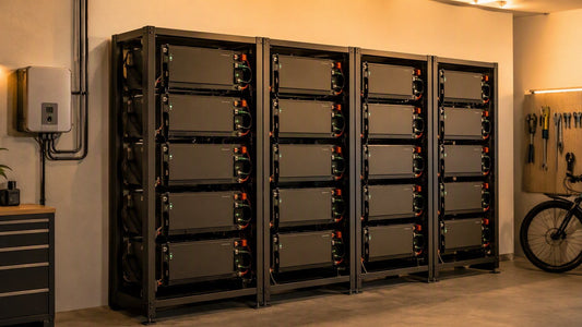 Wall of server-rack LiFePO4 battery modules for home solar energy storage