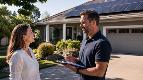 A homeowner in conversation with a solar consultant on a sunny driveway
