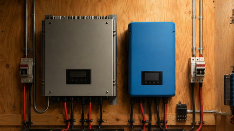 Two MPPT solar charge controllers mounted side by side in a power room