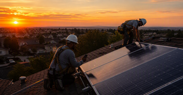 Two installers finishing a residential rooftop solar installation at sunset