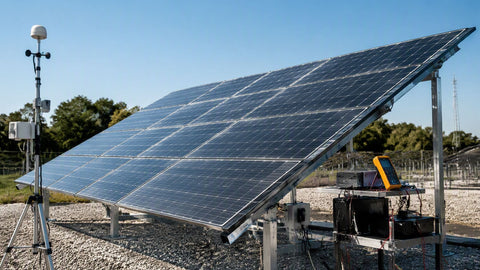 A large-format bifacial solar panel tilted on a rack at a test yard