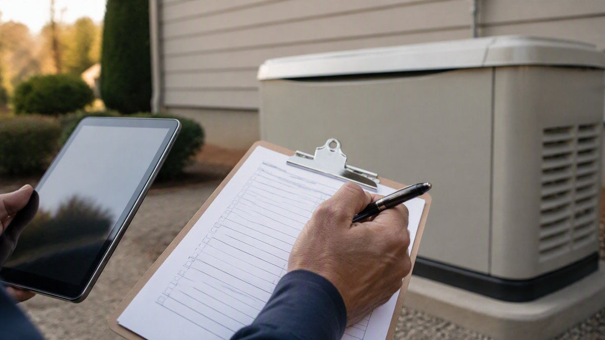 Technician's hands with clipboard and tablet inspecting a home standby generator, shallow depth of field