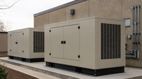 Two commercial liquid-cooled standby generators side by side on a concrete pad