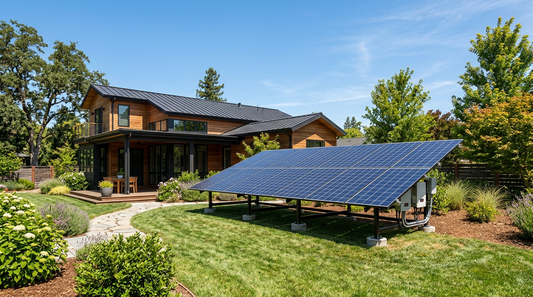 7kW ground-mounted solar panel array in a residential backyard
