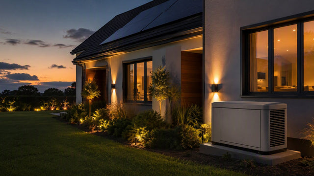 Modern house at dusk with outdoor lighting and standby generators on the lawn