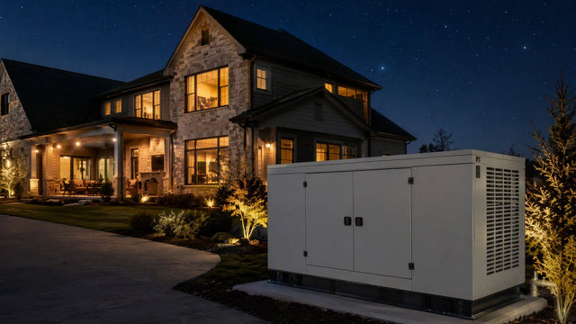 Cozy house at night with lit windows under a clear starry sky and silhouetted trees