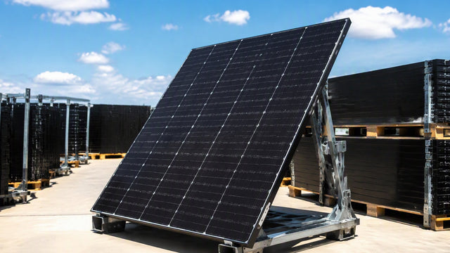 High-efficiency black solar panel modules displayed outdoors on a rooftop with blue sky background