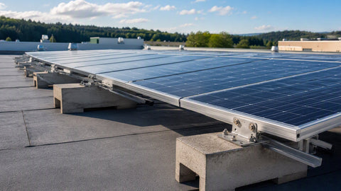 Concrete ballast blocks securing a flat-roof commercial solar array