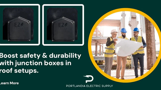 EZ Solar junction boxes and construction workers reviewing roof plans at building site