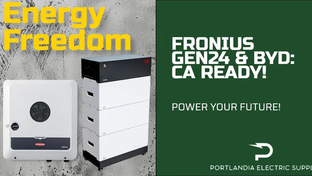 Fronius GEN24 inverter and BYD battery system promotion with Energy Freedom and Portlandia Electric Supply branding.