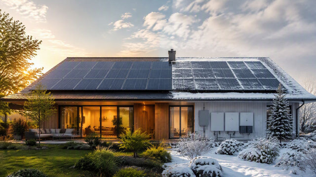The same residential solar roof shown in contrasting seasons