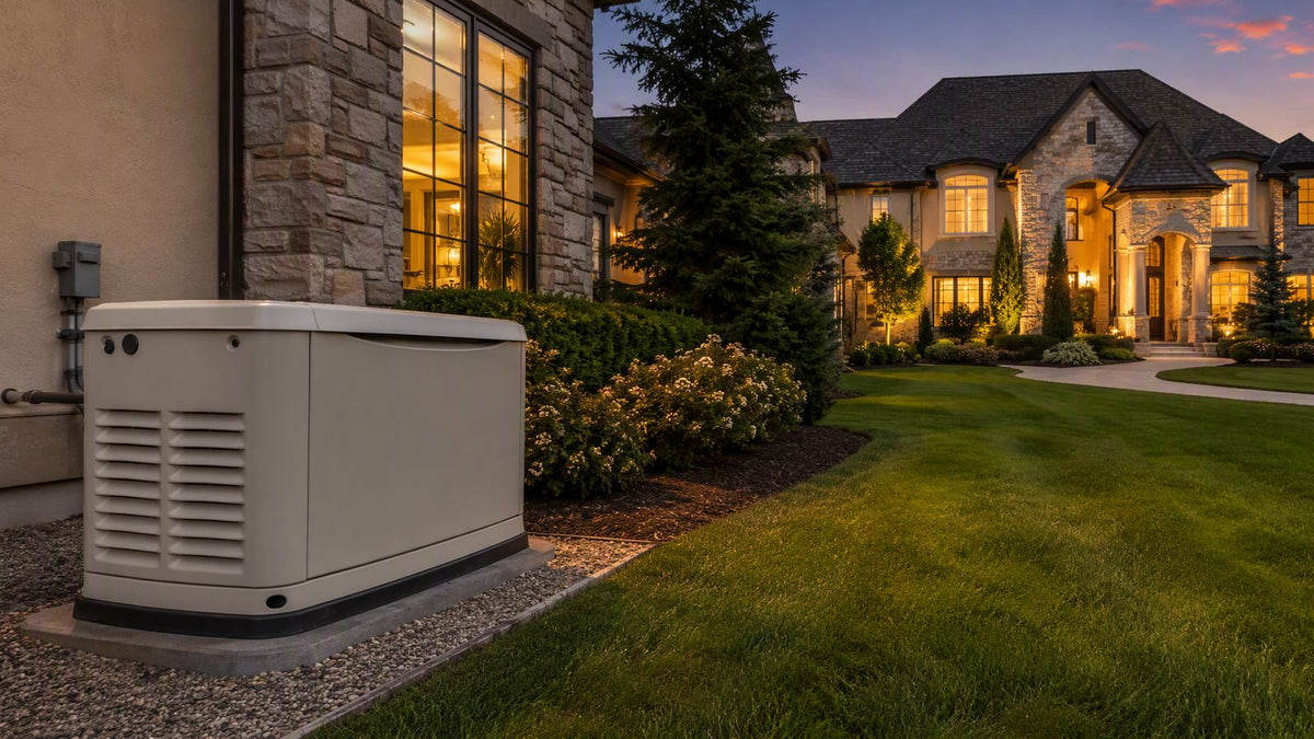 An 80kW standby generator enclosure beside a spacious estate home at dusk