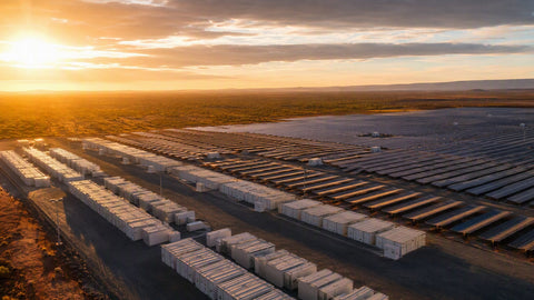 A vast Australian solar farm with rows of panels and large battery storage containers