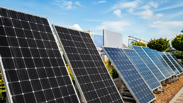 Monocrystalline and polycrystalline solar panels on display at an indoor exhibition with visitors