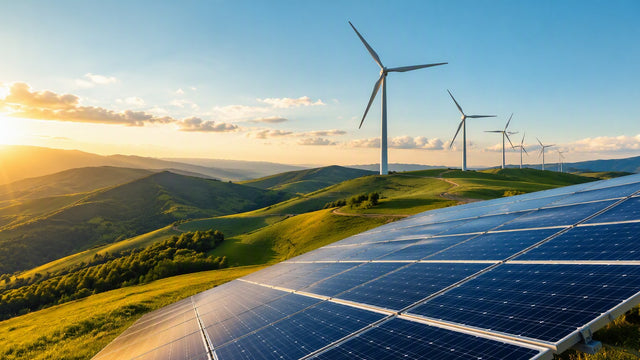 A landscape view of Green energy sources with wind turbines in the background and solar panels in the foreground at sunset.