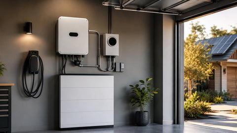 A home energy storage system with a smart meter showing zero grid flow
