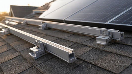 SnapNrack aluminum racking rails on shingle roof — PES Supply brand guide