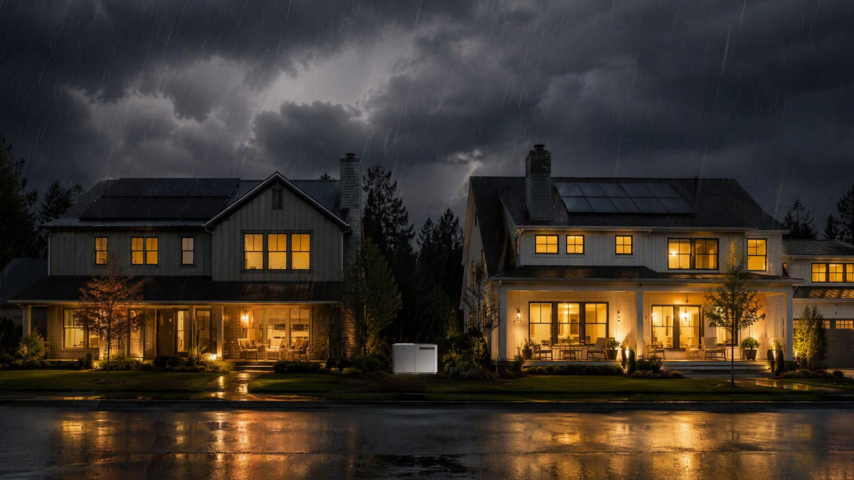 Two houses during a stormy night, one powered by a battery backup, the other by a generator.