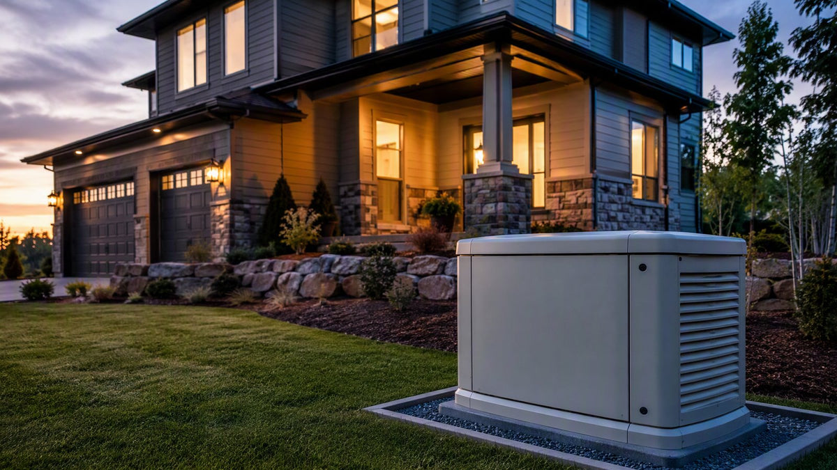 Generac whole house generator outside a lit home surrounded by flowers and shrubs at night