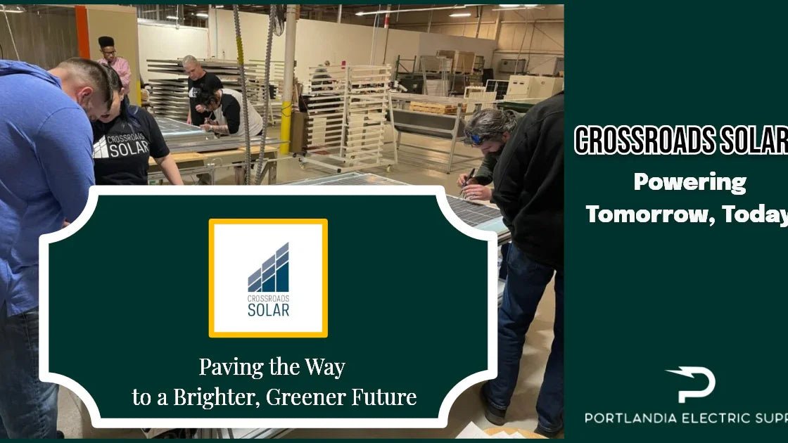 Crossroads Solar workers assembling solar panels in factory, promoting green energy solutions