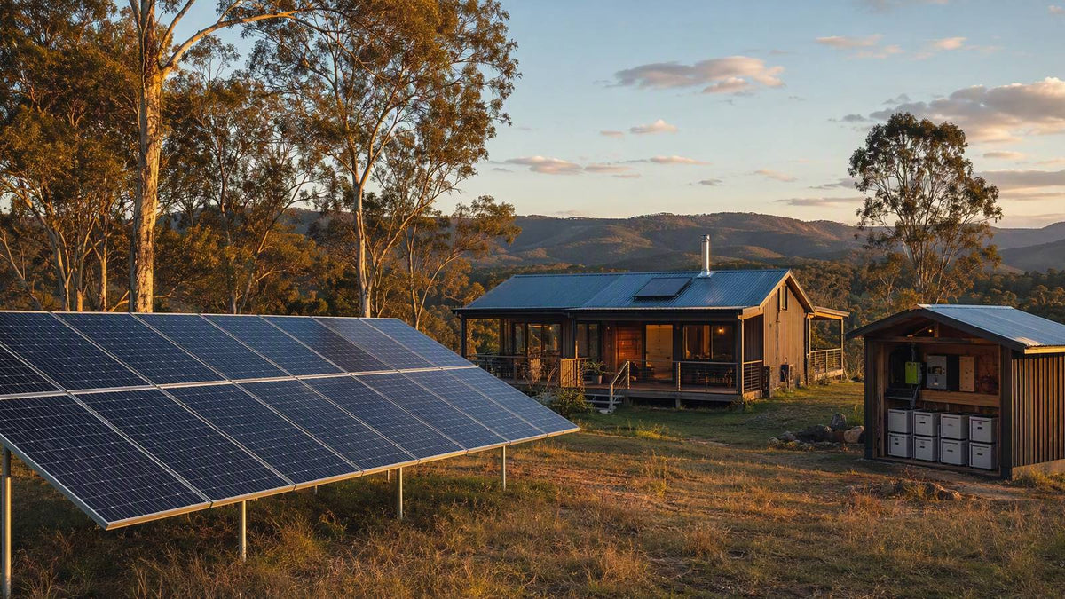 Solar power system diagram on house with panels, showing inverters, grid, and battery flow