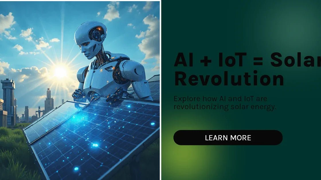 Robot with solar panels in a city, symbolizing AI and IoT in smart solar energy solutions