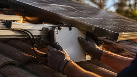 Solar installer mounting an Enphase IQ7 microinverter on the rail beneath a residential rooftop solar panel in warm afternoon light