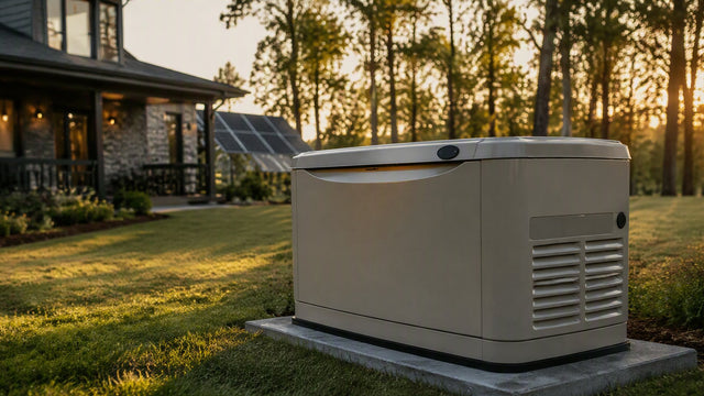 Generac 48kW standby generator outdoors on grass with trees and sun in background