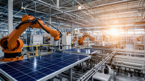 A futuristic solar panel manufacturing facility with robotic arms and rows of new modules