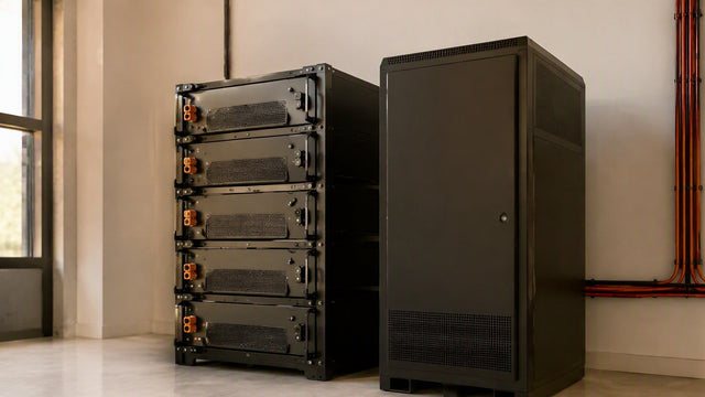 Two 48V LiFePO4 battery storage systems side by side in a utility room