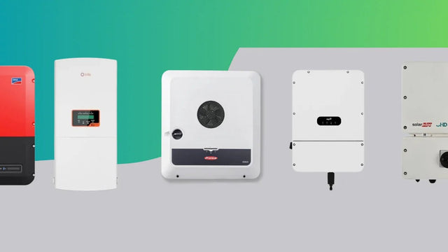 Five solar inverters from different brands on a green and grey background