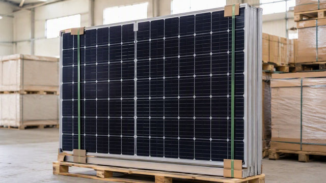 Oversized commercial large-format solar panel strapped on a pallet in a warehouse — the real size of high-wattage panels