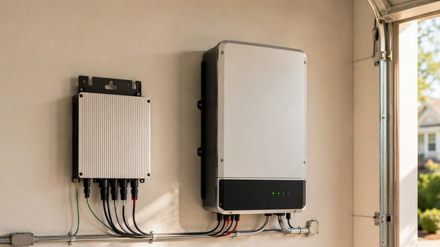 Two residential solar inverter systems mounted side by side on a wall for comparison