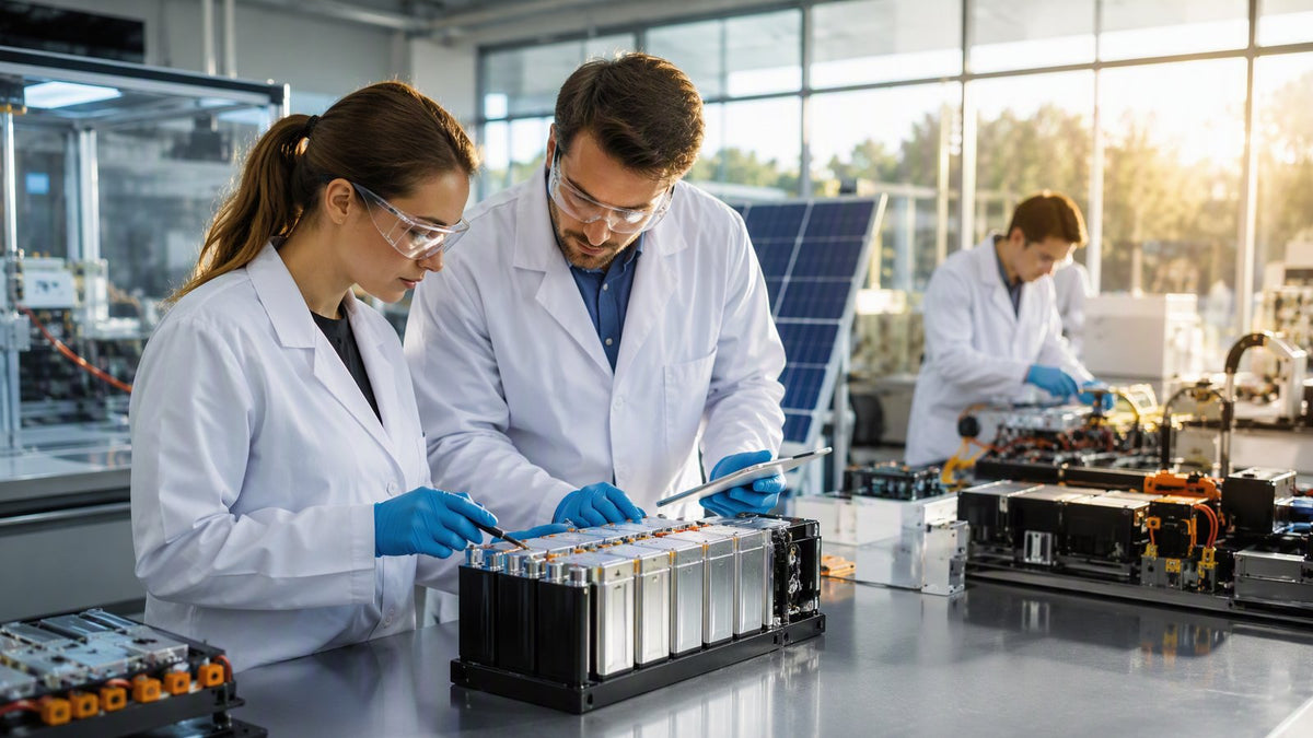 Scientists testing solid state battery prototypes in a modern laboratory