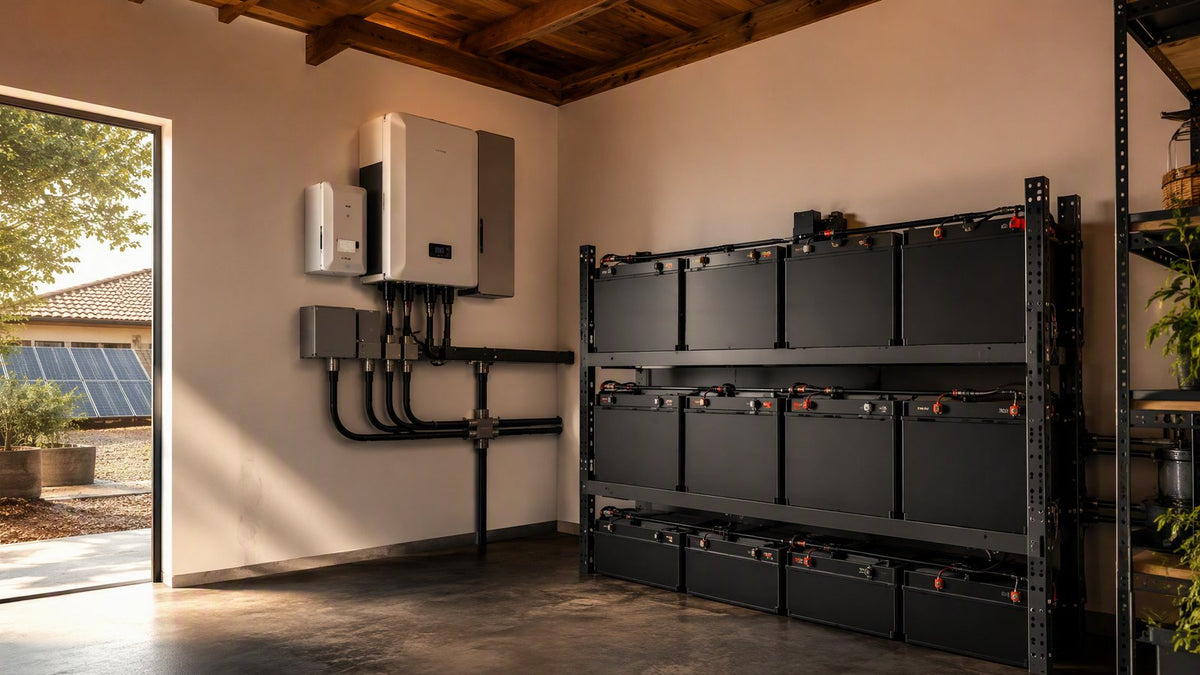 An 8kW hybrid inverter power system with battery bank in a tidy utility room